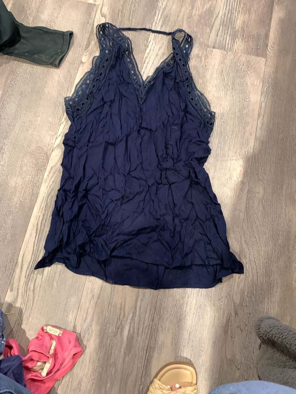 Fun 2 Fun Tank Top Size L Navy Blue Lace Trim V-Neck